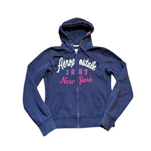 Y2K Aeropostale Zip Up Hoodie Puffy Varsity Letter 1987 Medium Navy Pink